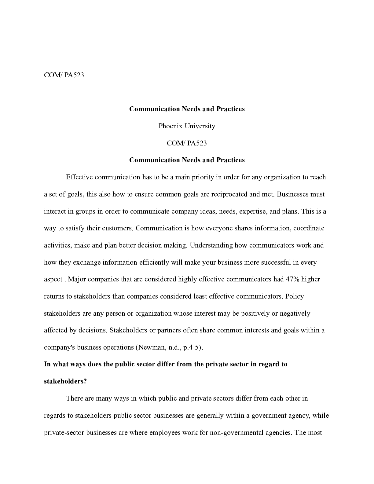 Preview image of communication.docx    COM/ PA523  Communication Needs and Practices  Phoenix University  C document